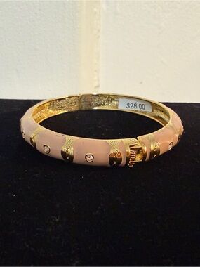 Gold-Tone Pink Enamel Clamper Bracelet with Crystal Accents